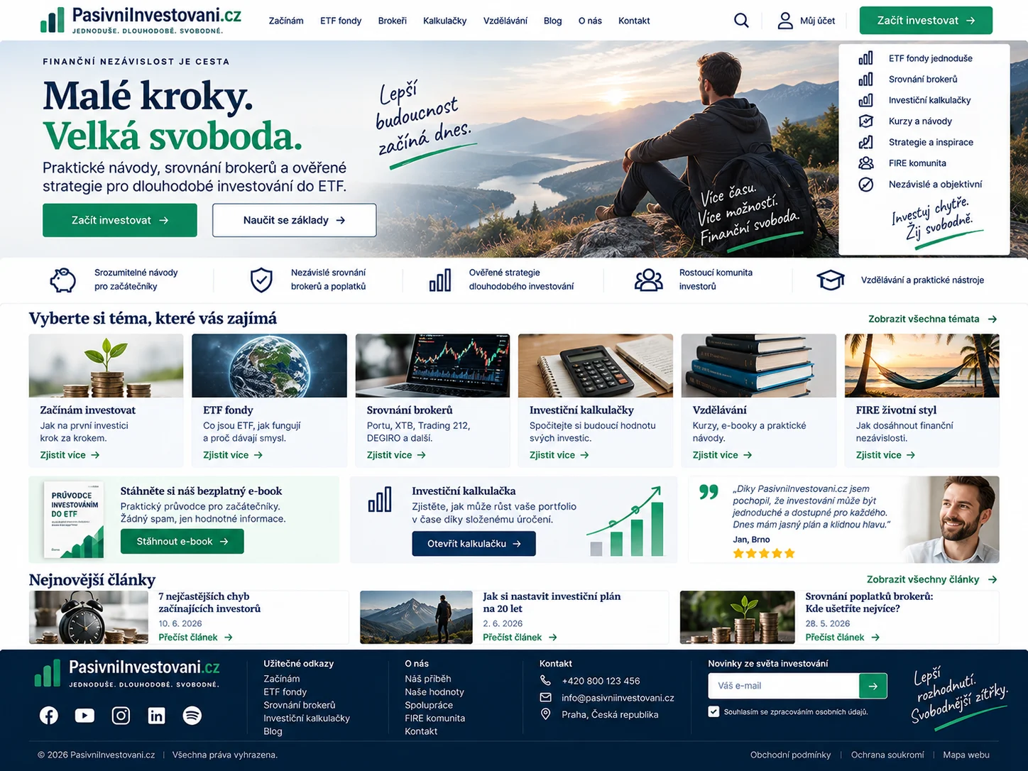 Ilustrační investiční web v modré a zelené s horami, grafy, kalkulačkou a vzdělávacím obsahem